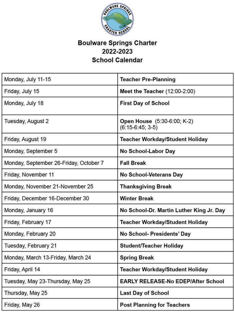 School Calendar – Boulware Springs | Tuition-free | Top-rated ...